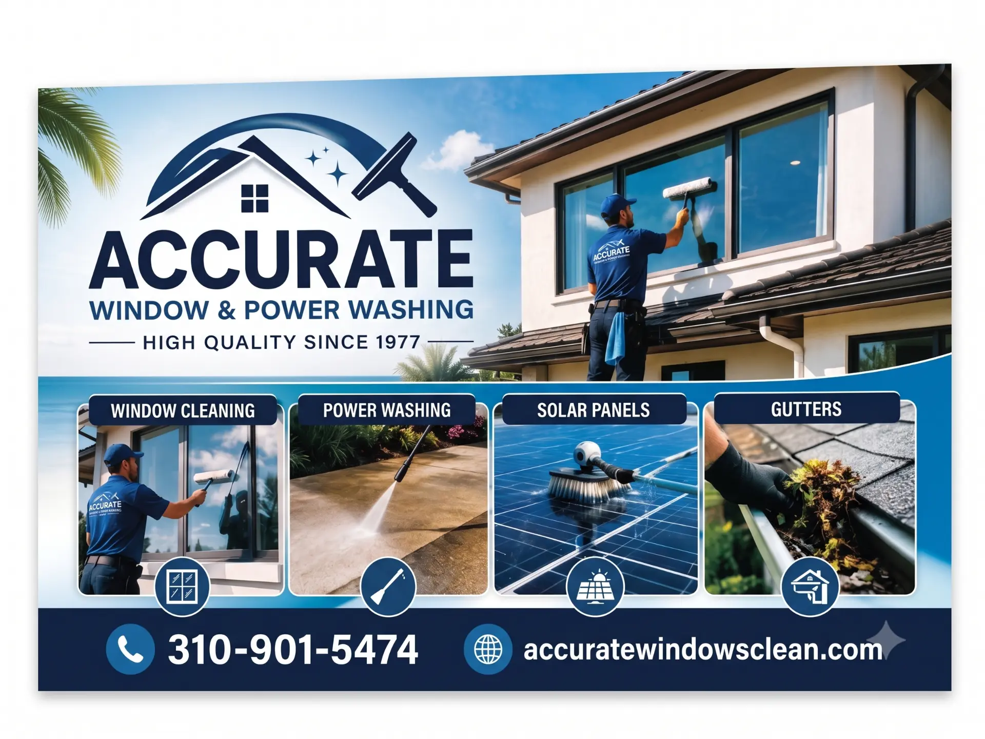 Accurate Window & Power Washing flyer: window cleaning, power washing, solar panel cleaning and gutter cleaning in Los Angeles — call (310) 901-5474